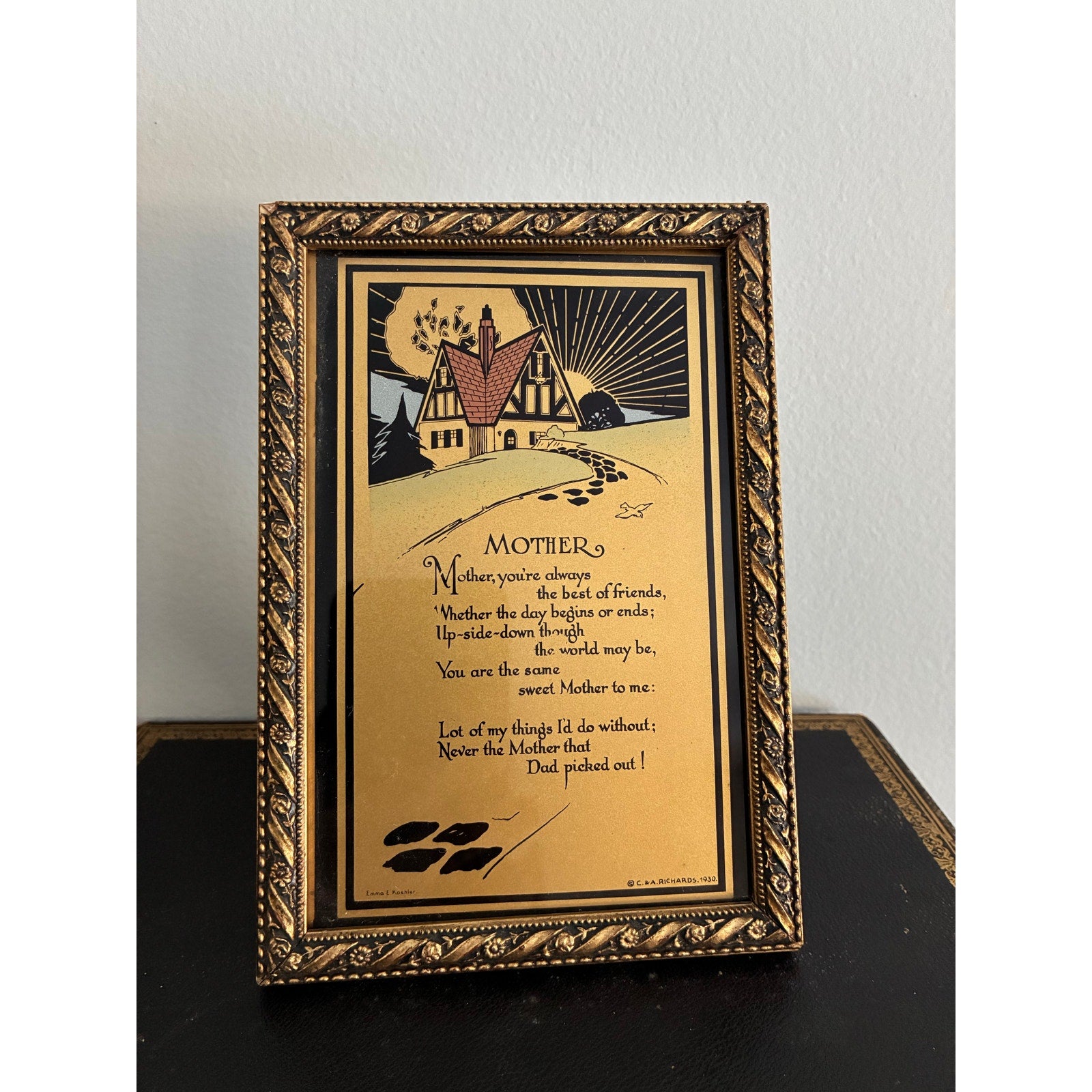Vintage 1930 Art Deco "Mother" motto print with golden ornate frame