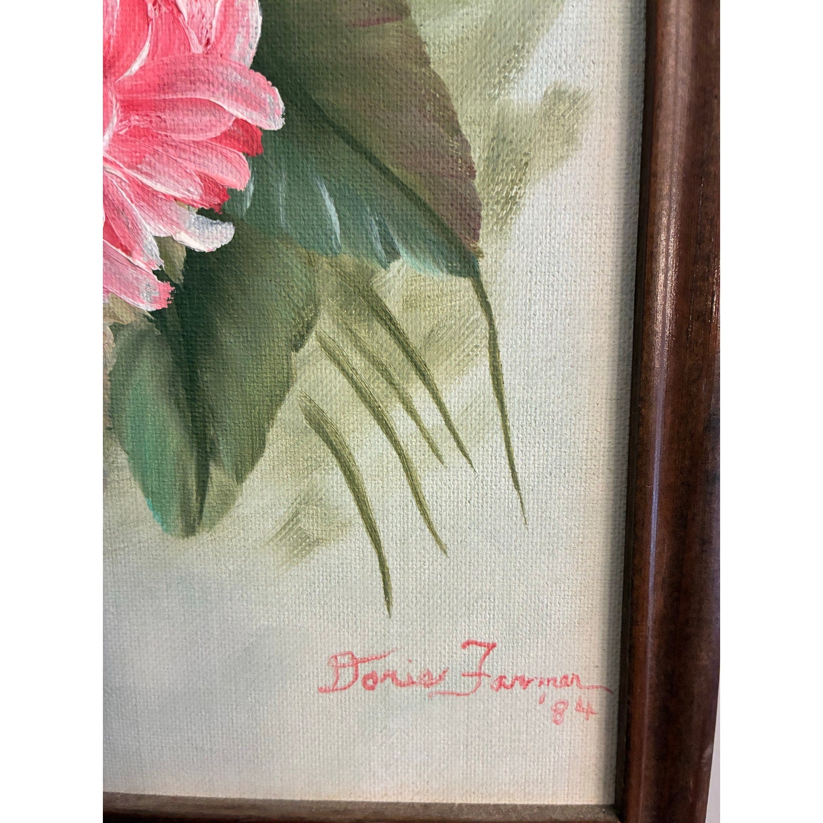 Vintage Signed Floral Acrylic Painting “Pink Mum” by Doris Farmer (1984)