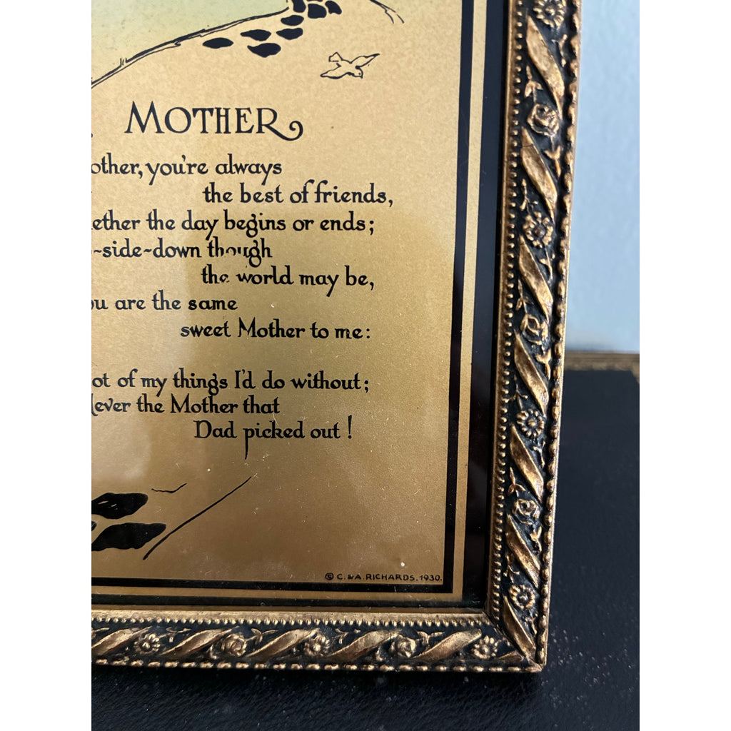 Vintage 1930 Art Deco "Mother" motto print with golden ornate frame