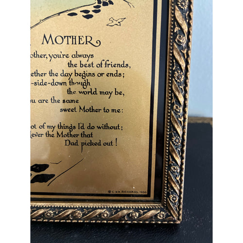 Vintage 1930 Art Deco "Mother" motto print with golden ornate frame