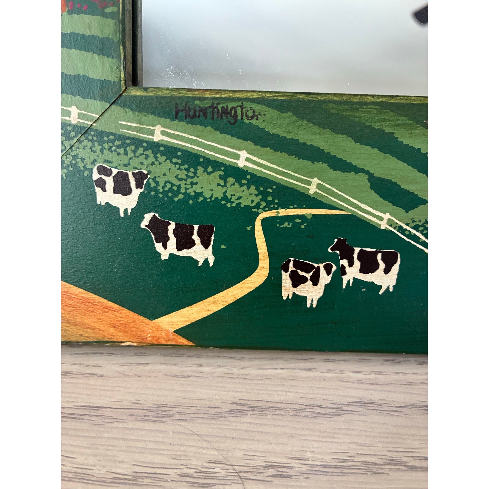 Vintage Handpainted Wood Framed Mirror - Amish Country Folk Art - Signed Huntington