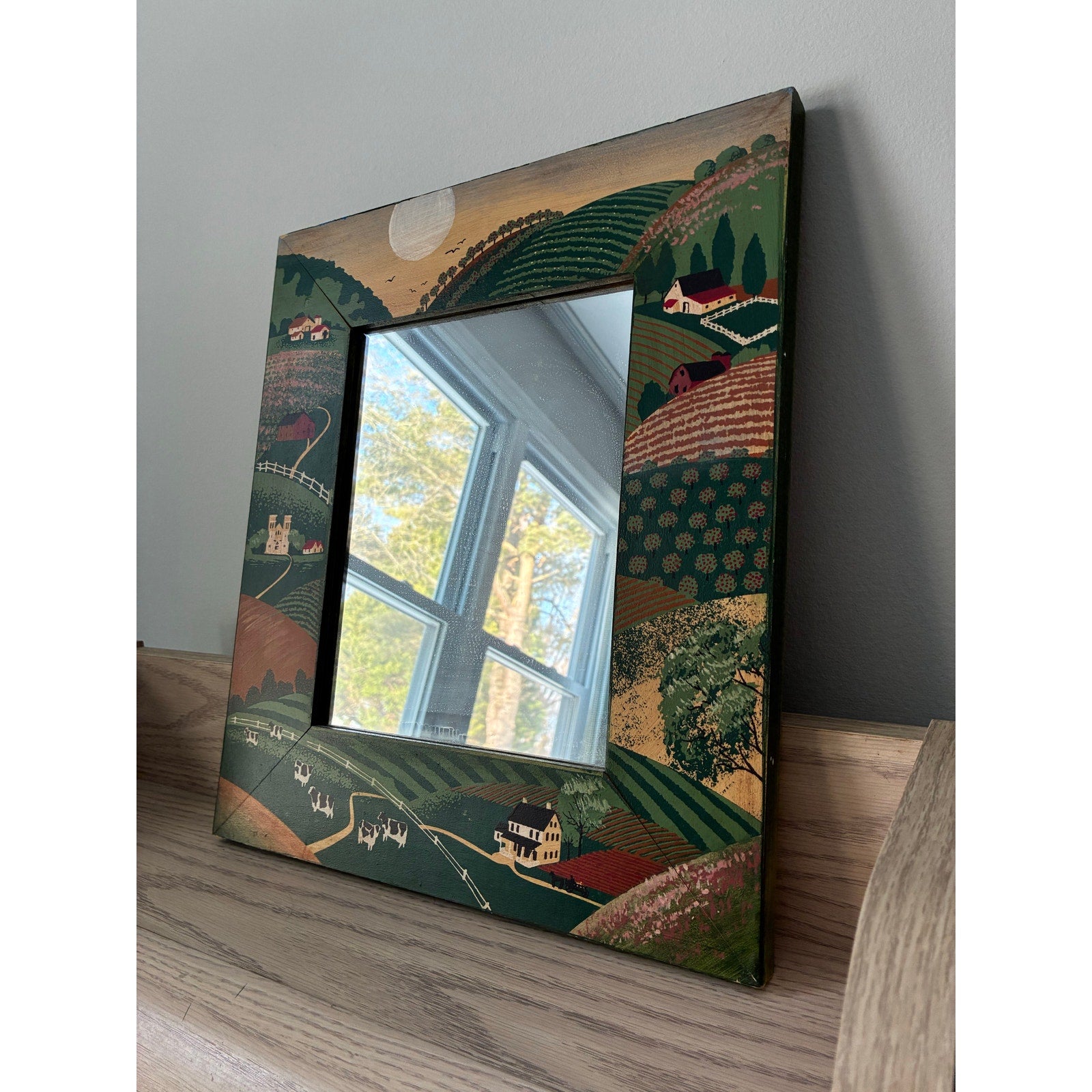 Vintage Handpainted Wood Framed Mirror - Amish Country Folk Art - Signed Huntington