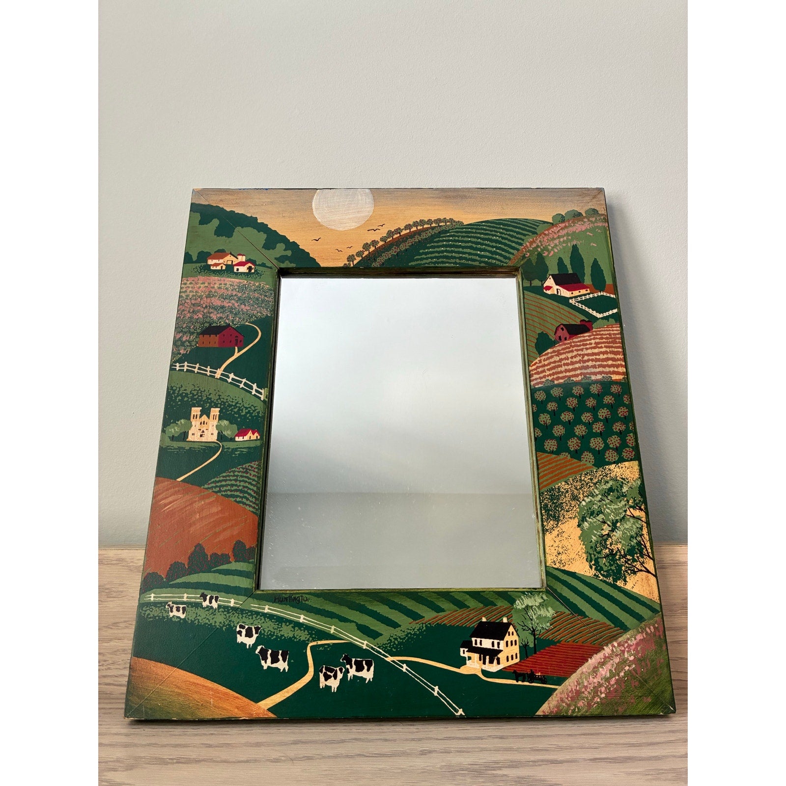 Vintage Handpainted Wood Framed Mirror - Amish Country Folk Art - Signed Huntington