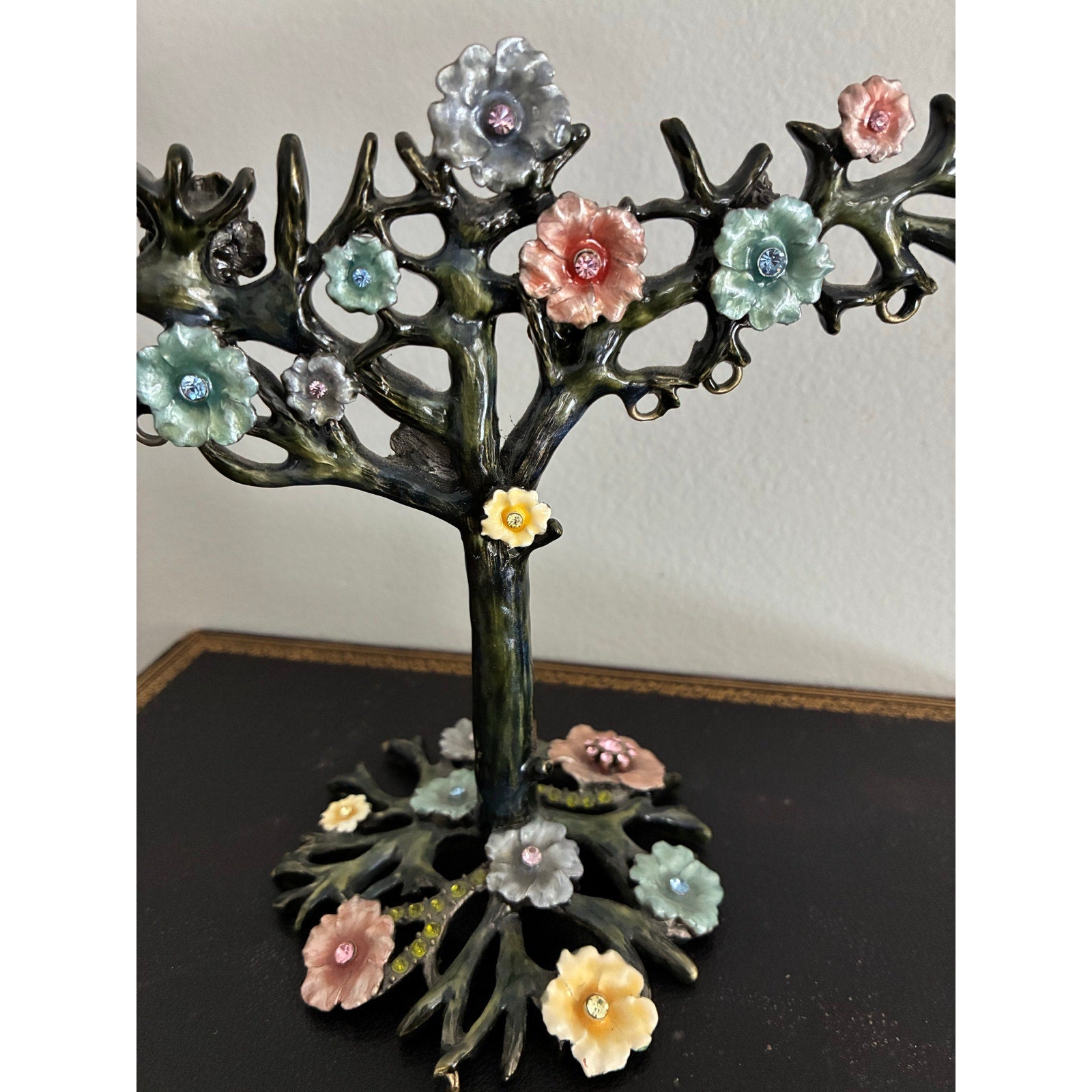 Vintage Colette et Cie Jewelry Display Stand Tree of Life Enamel Floral Earring Holder Austrian Crystal Rhinestone