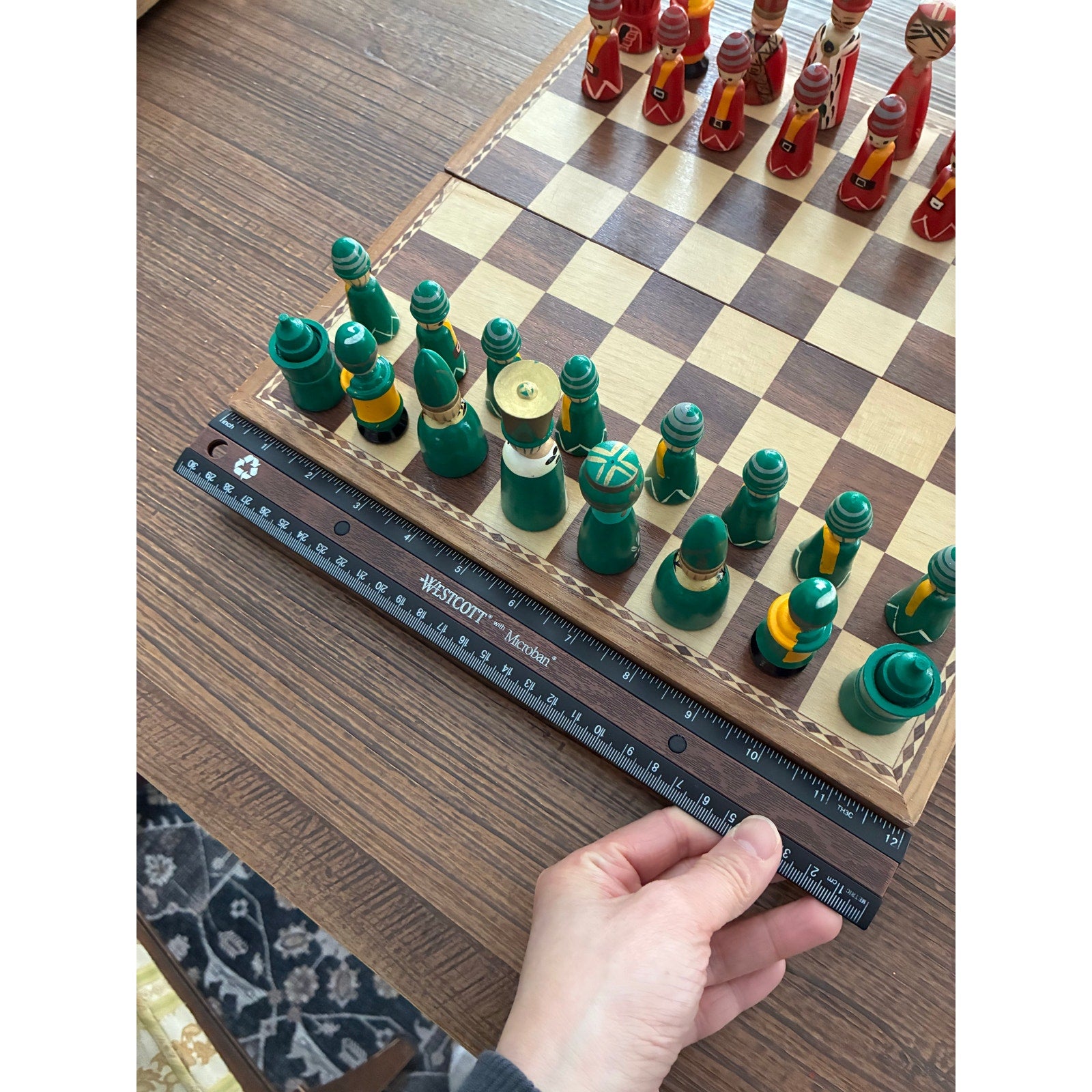 Vintage Hand-Painted Wooden Chess Set – Folk Art Style, Marked Japan, Folding Board