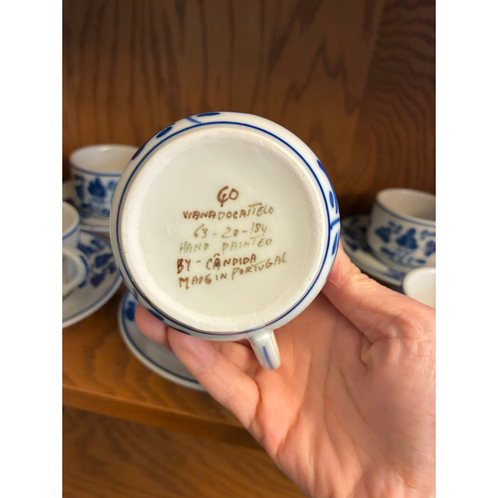 Viana do Castelo Portuguese Hand Painted Signed Cups & Saucers – Blue Floral, Set of 6