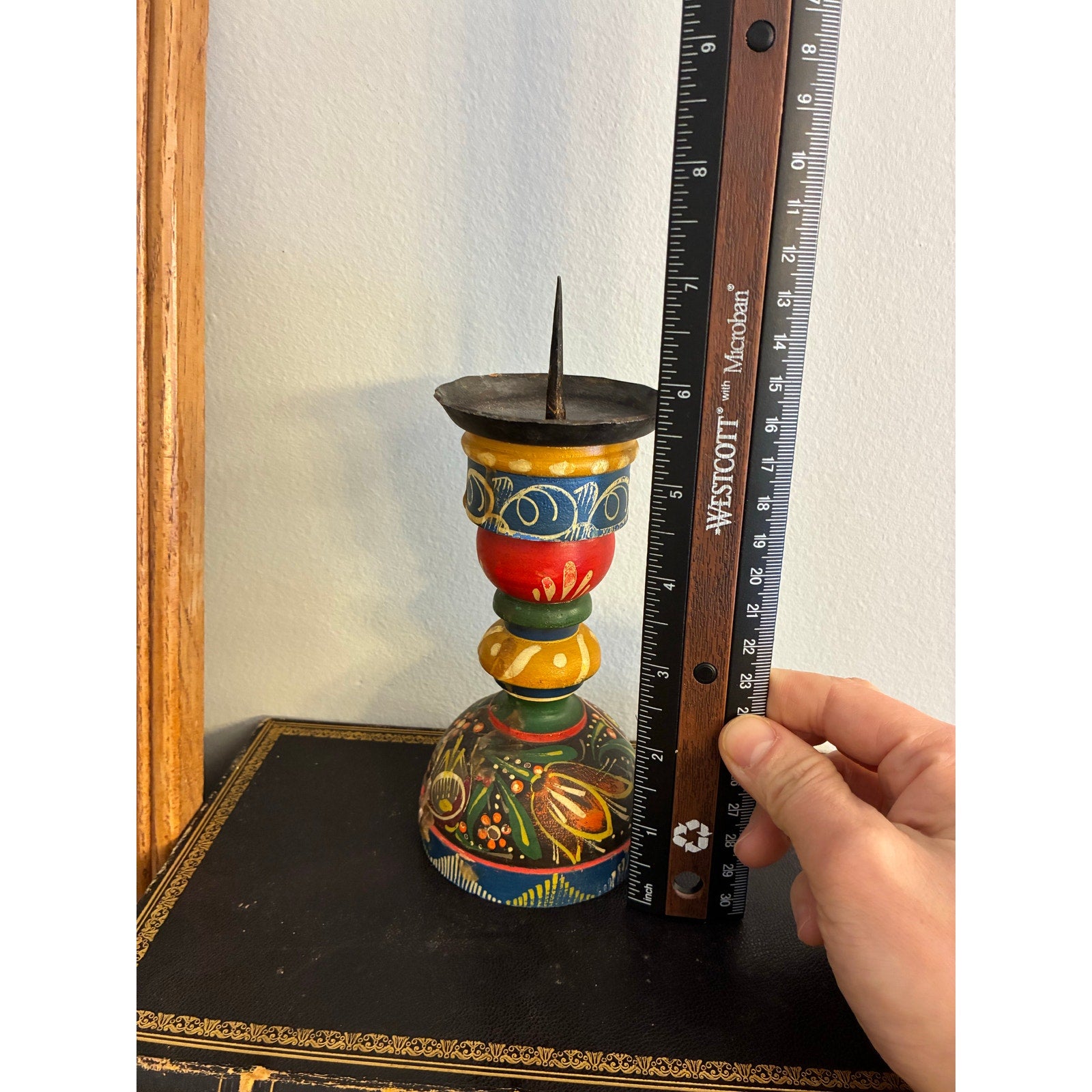 Vintage West Germany folk art candlestick holder, Bauernmalerei (peasant painting) style