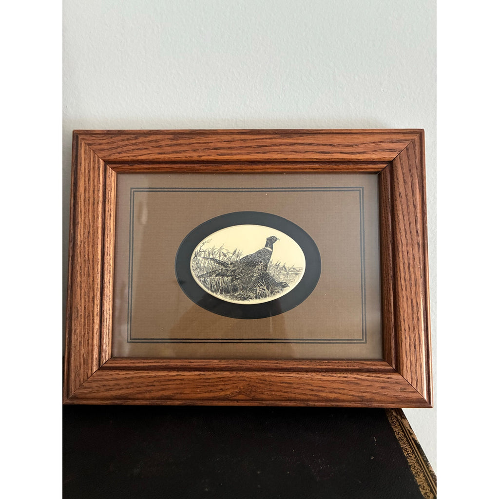 Vintage small Stephen Barlow Scrimshaw Oval Framed Polymer Matted Pheasants | Vintage Wall Art