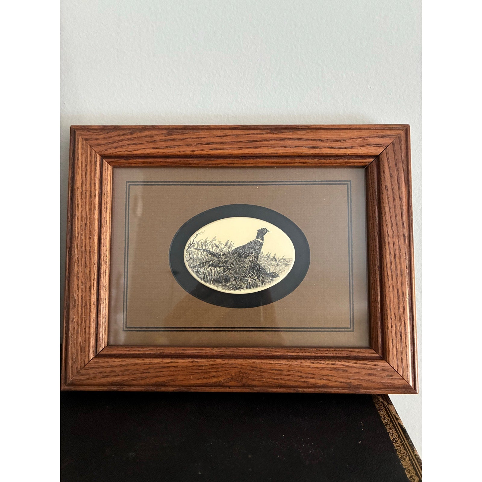 Vintage small Stephen Barlow Scrimshaw Oval Framed Polymer Matted Pheasants | Vintage Wall Art