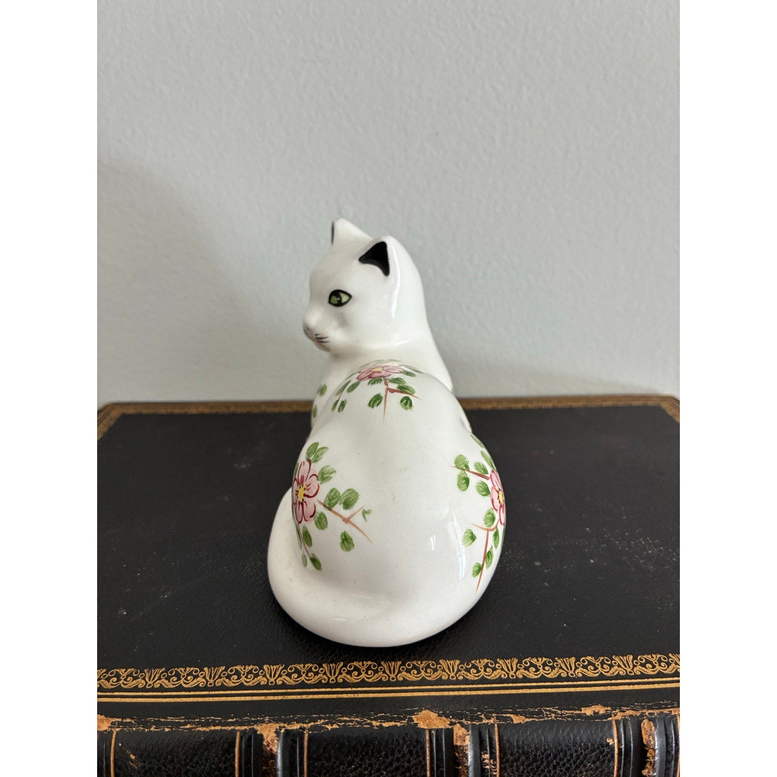 Vintage Floral Cat Figurine, Hand-Painted White Ceramic Cat, Cottagecore Home Decor, Folk Art Animal Statue