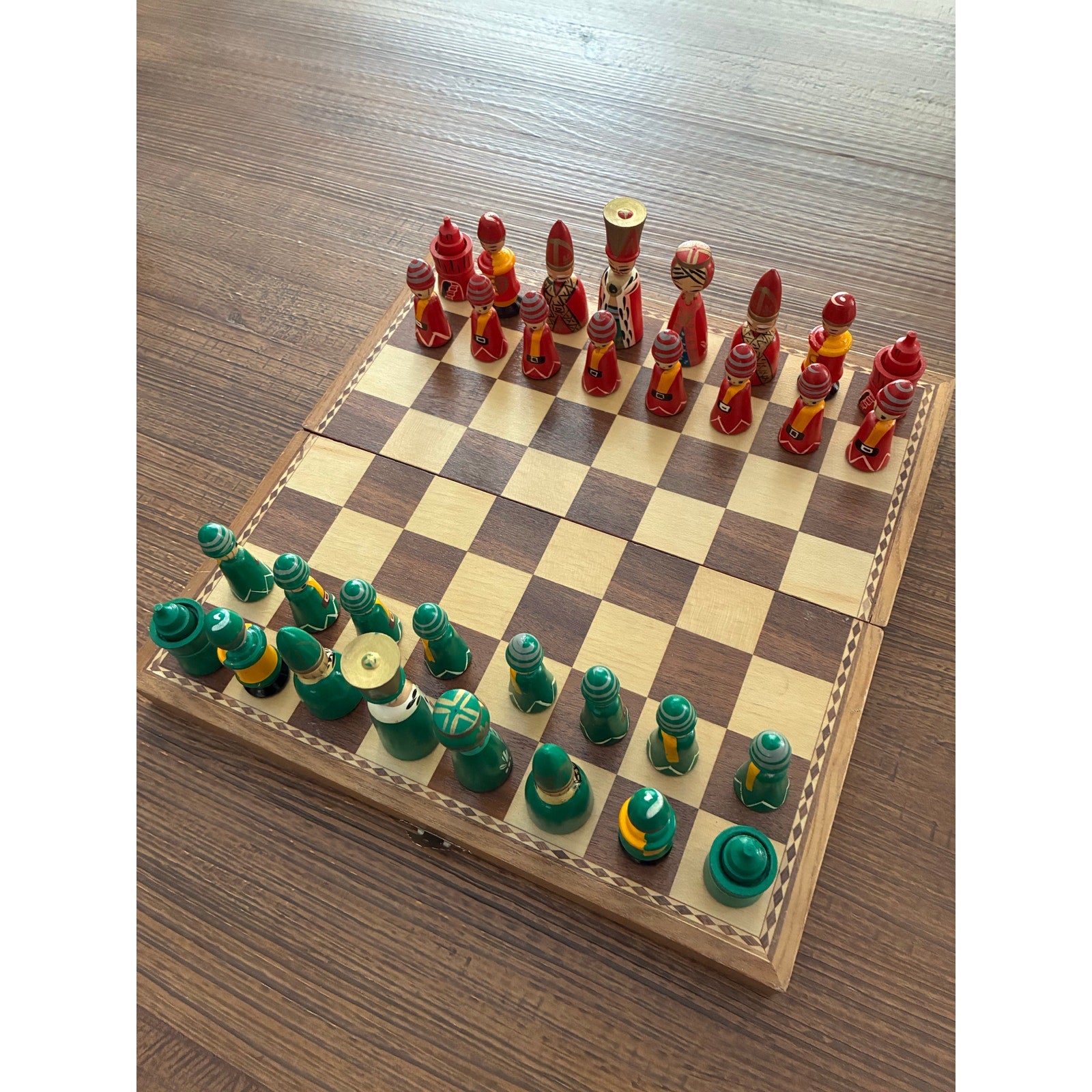 Vintage Hand-Painted Wooden Chess Set – Folk Art Style, Marked Japan, Folding Board