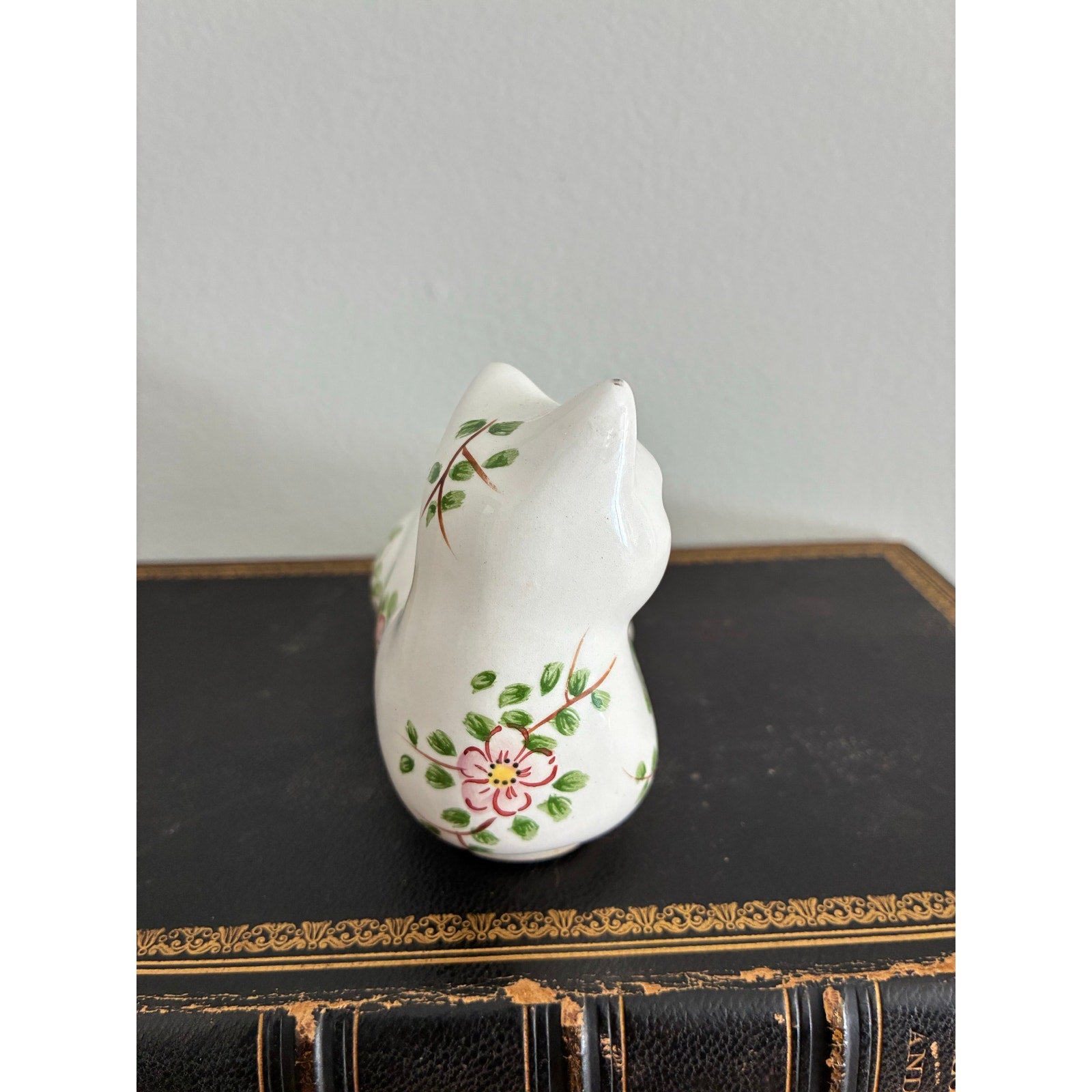 Vintage Floral Cat Figurine, Hand-Painted White Ceramic Cat, Cottagecore Home Decor, Folk Art Animal Statue