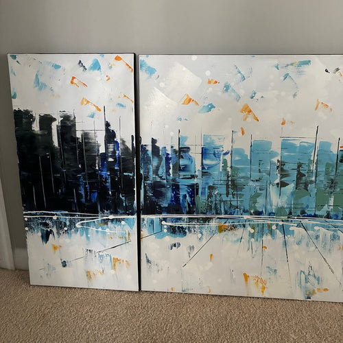 Large Abstract Cityscape Canvas Wall Art 3 Panel Set Modern Skyline Painting 48x24
