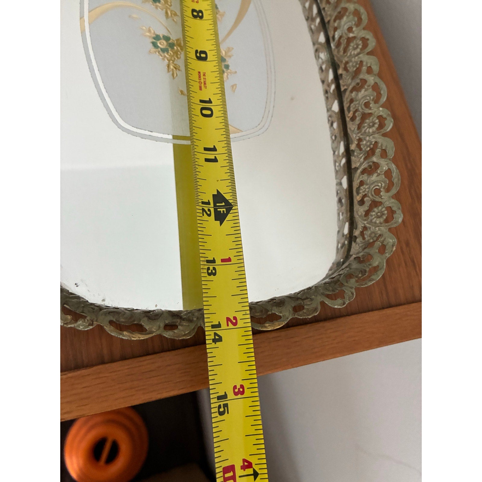 Vintage Oval Brass Gold Tone Filigree Mirror Vanity Tray Floral Perfume Ornate