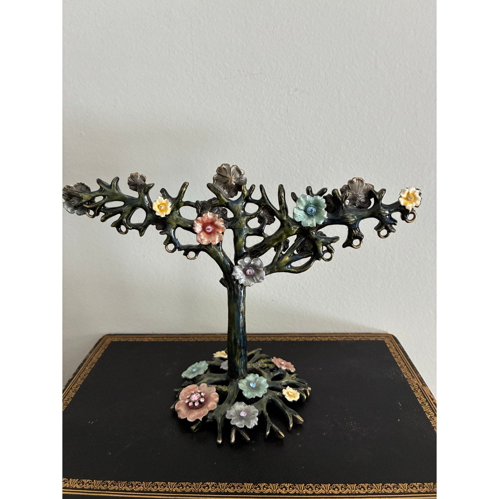 Vintage Colette et Cie Jewelry Display Stand Tree of Life Enamel Floral Earring Holder Austrian Crystal Rhinestone