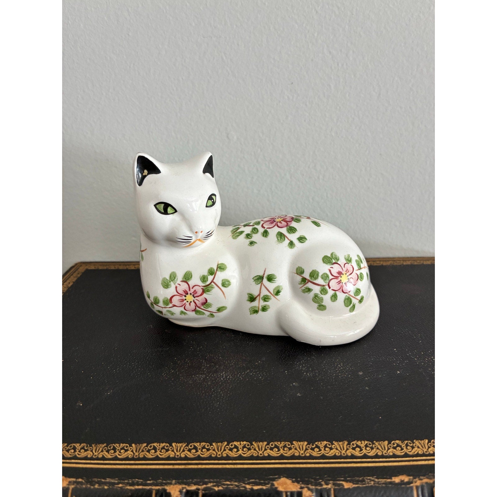 Vintage Floral Cat Figurine, Hand-Painted White Ceramic Cat, Cottagecore Home Decor, Folk Art Animal Statue