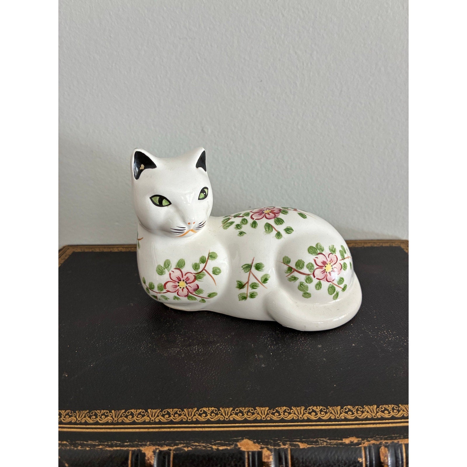 Vintage Floral Cat Figurine, Hand-Painted White Ceramic Cat, Cottagecore Home Decor, Folk Art Animal Statue