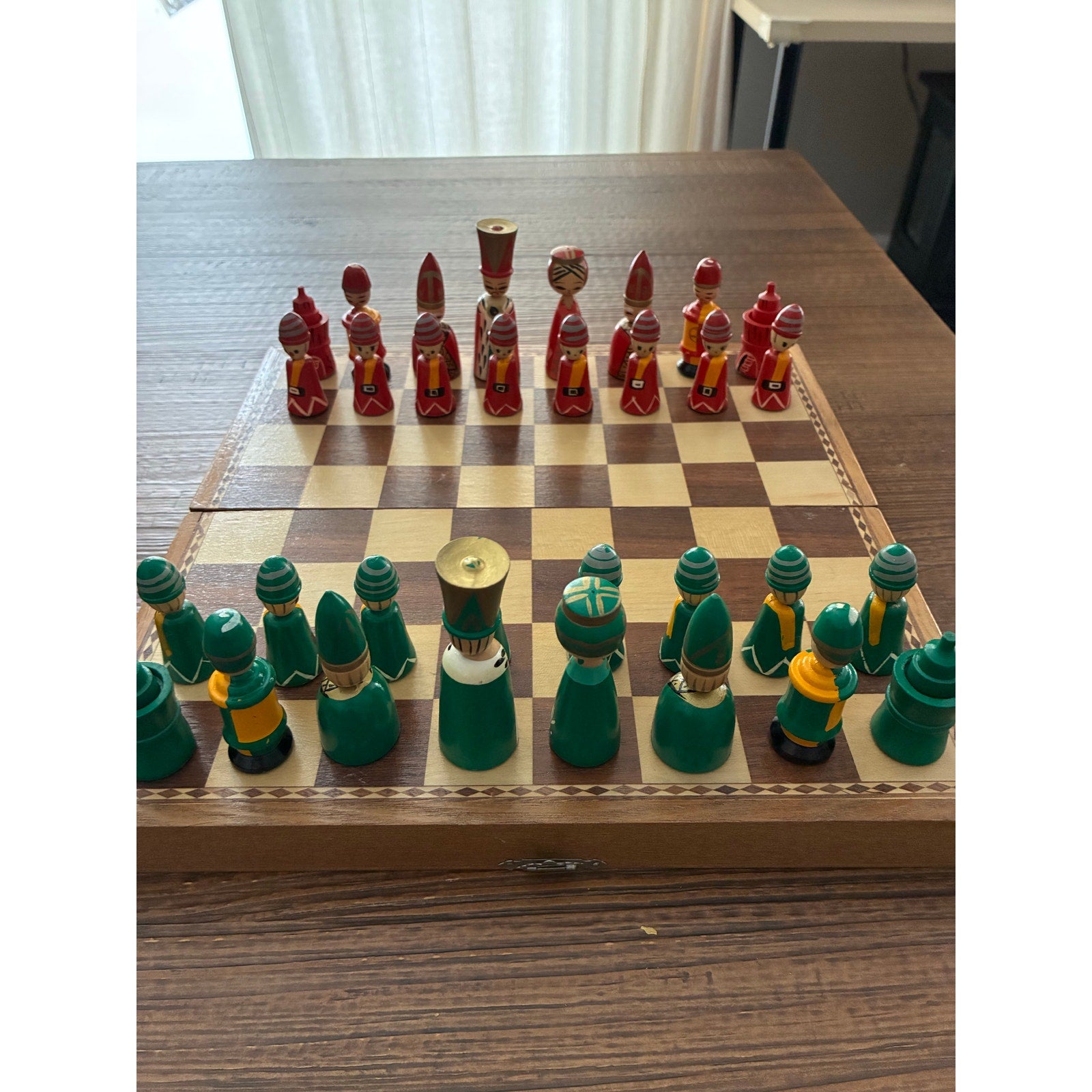 Vintage Hand-Painted Wooden Chess Set – Folk Art Style, Marked Japan, Folding Board