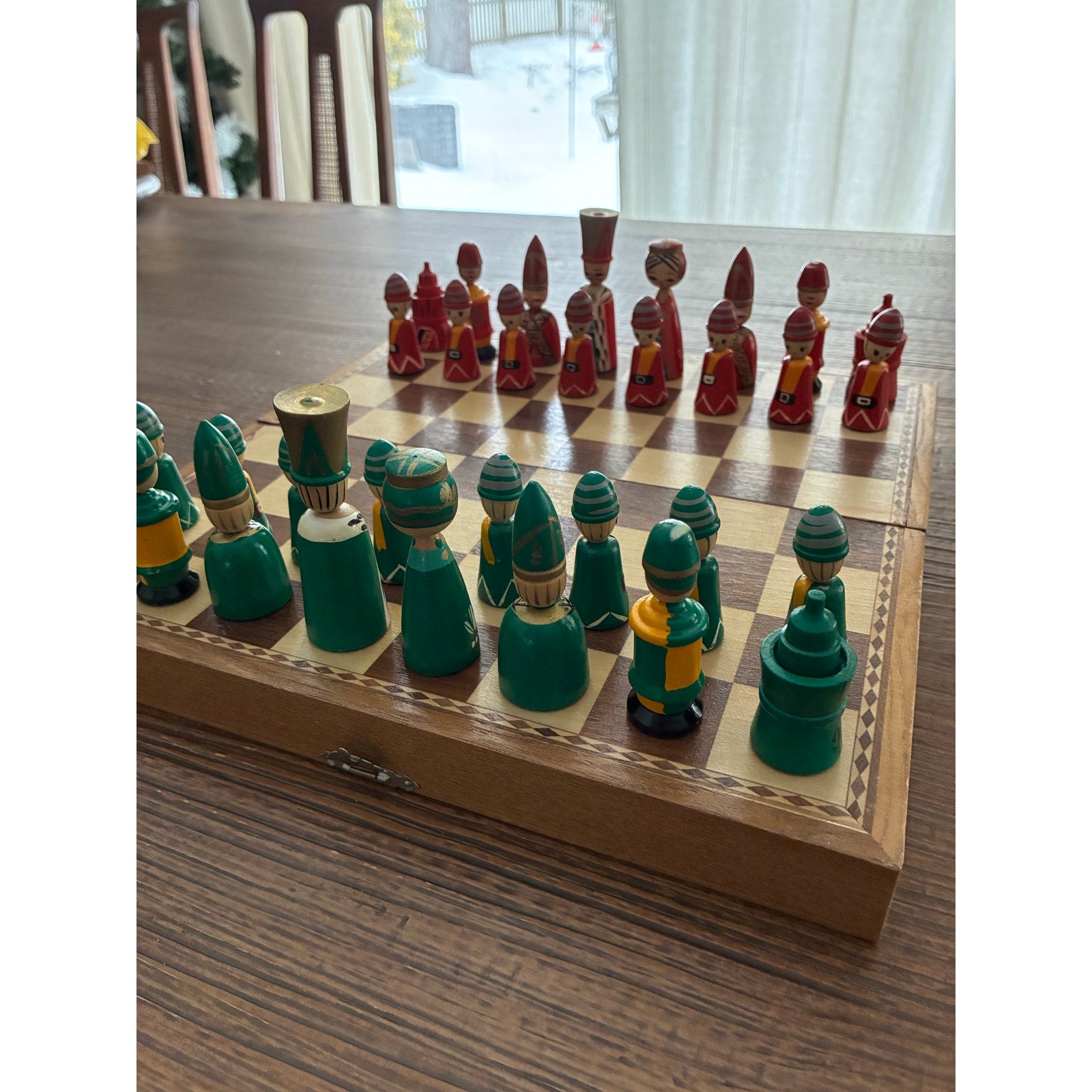 Vintage Hand-Painted Wooden Chess Set – Folk Art Style, Marked Japan, Folding Board