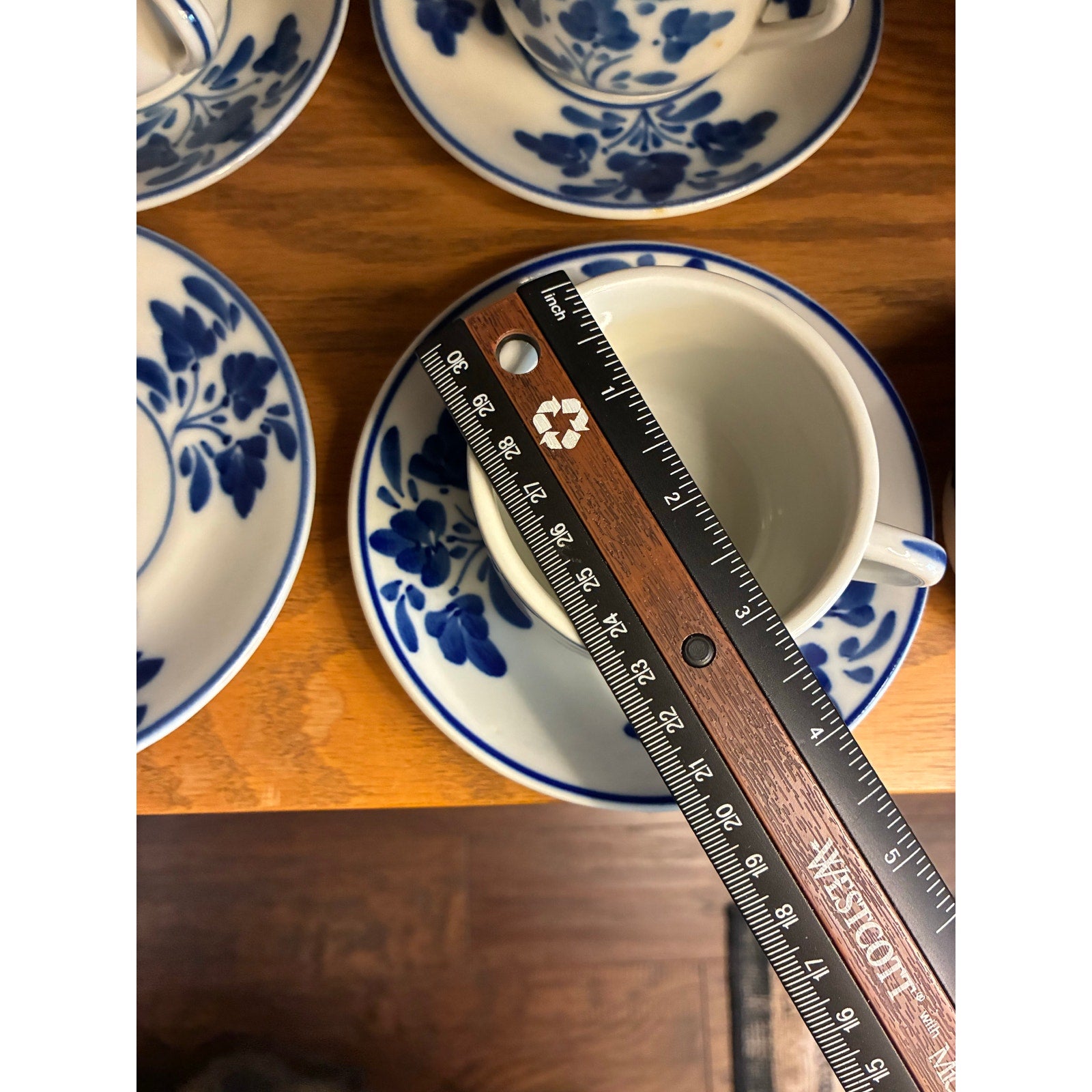 Viana do Castelo Portuguese Hand Painted Signed Cups & Saucers – Blue Floral, Set of 6