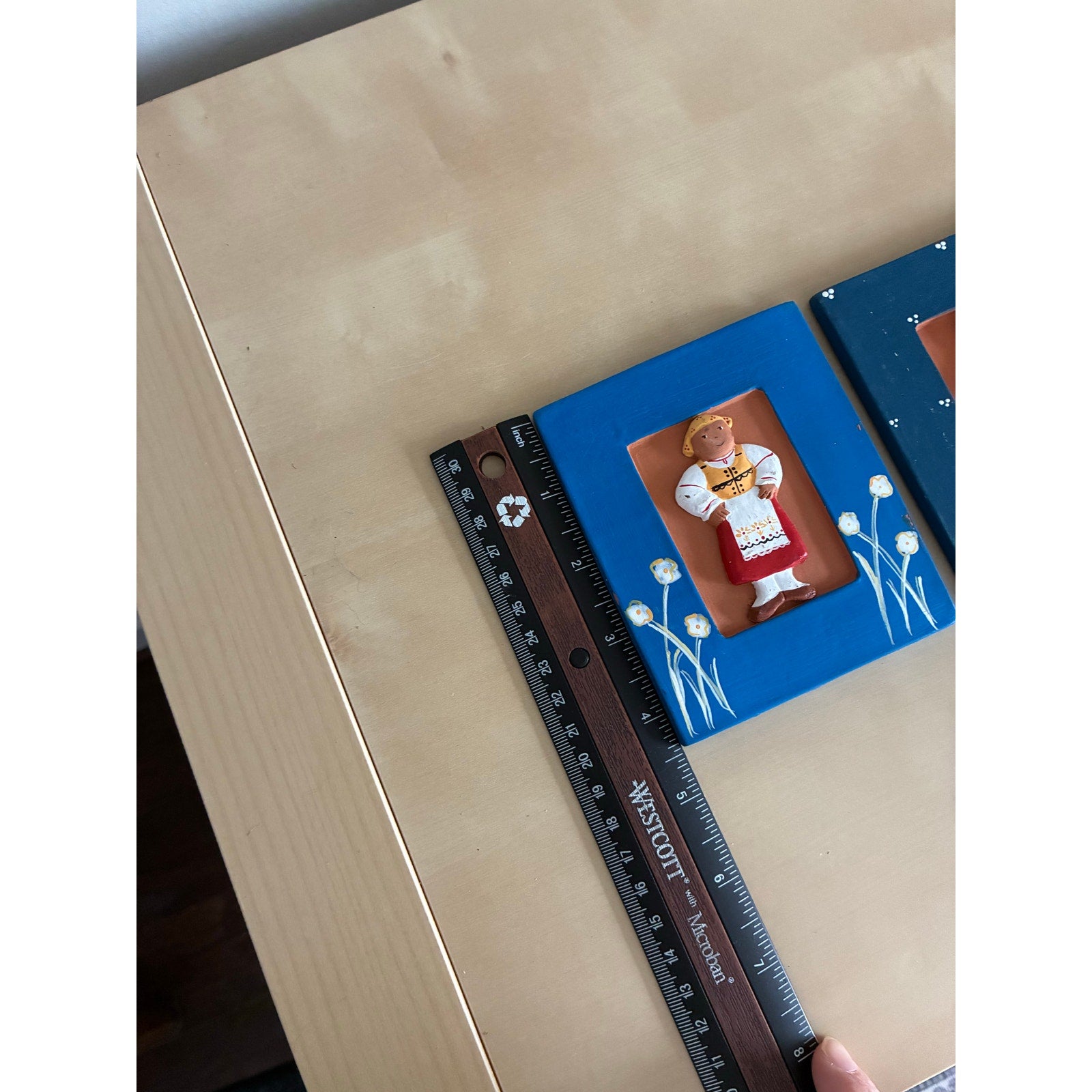 Vintage European folk art - hand carved Slovakia clay wall decor - pair