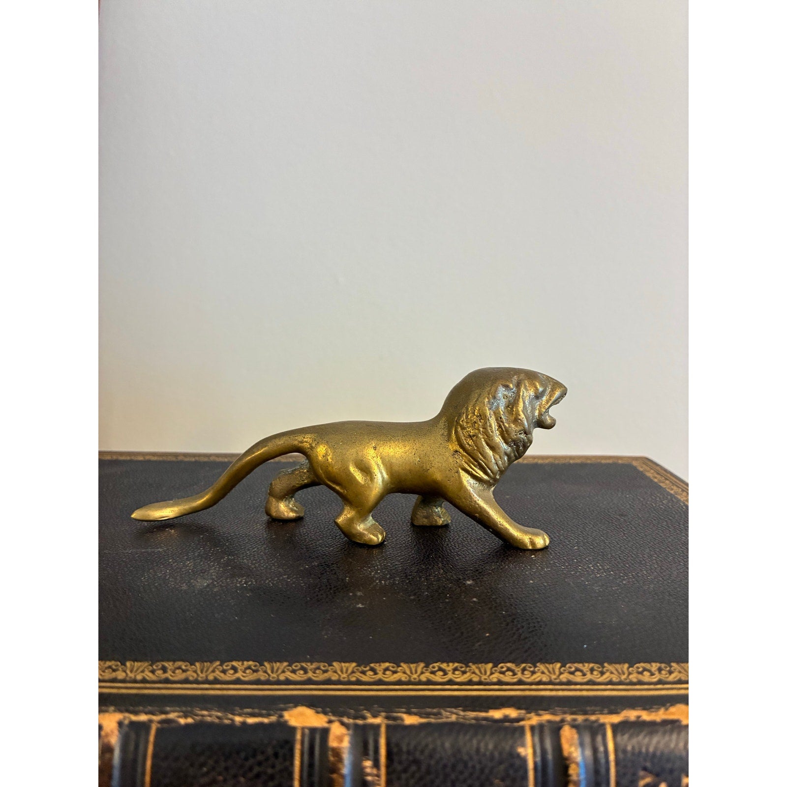 Vintage Solid Brass Lion Figurine | Small Lion Statue | Animal Figurine Desk Decor