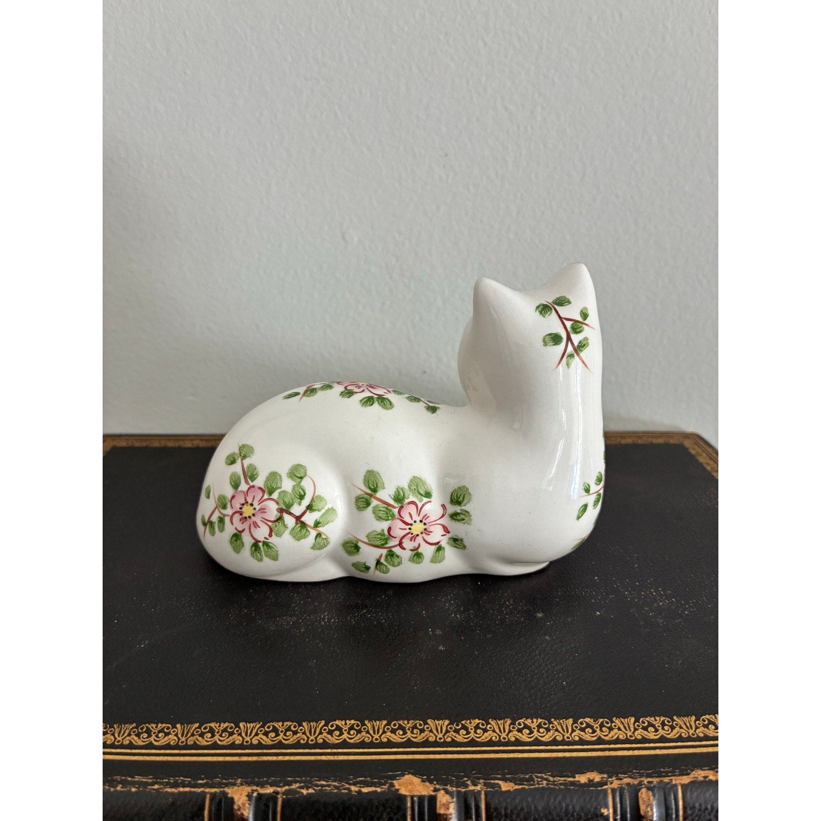 Vintage Floral Cat Figurine, Hand-Painted White Ceramic Cat, Cottagecore Home Decor, Folk Art Animal Statue