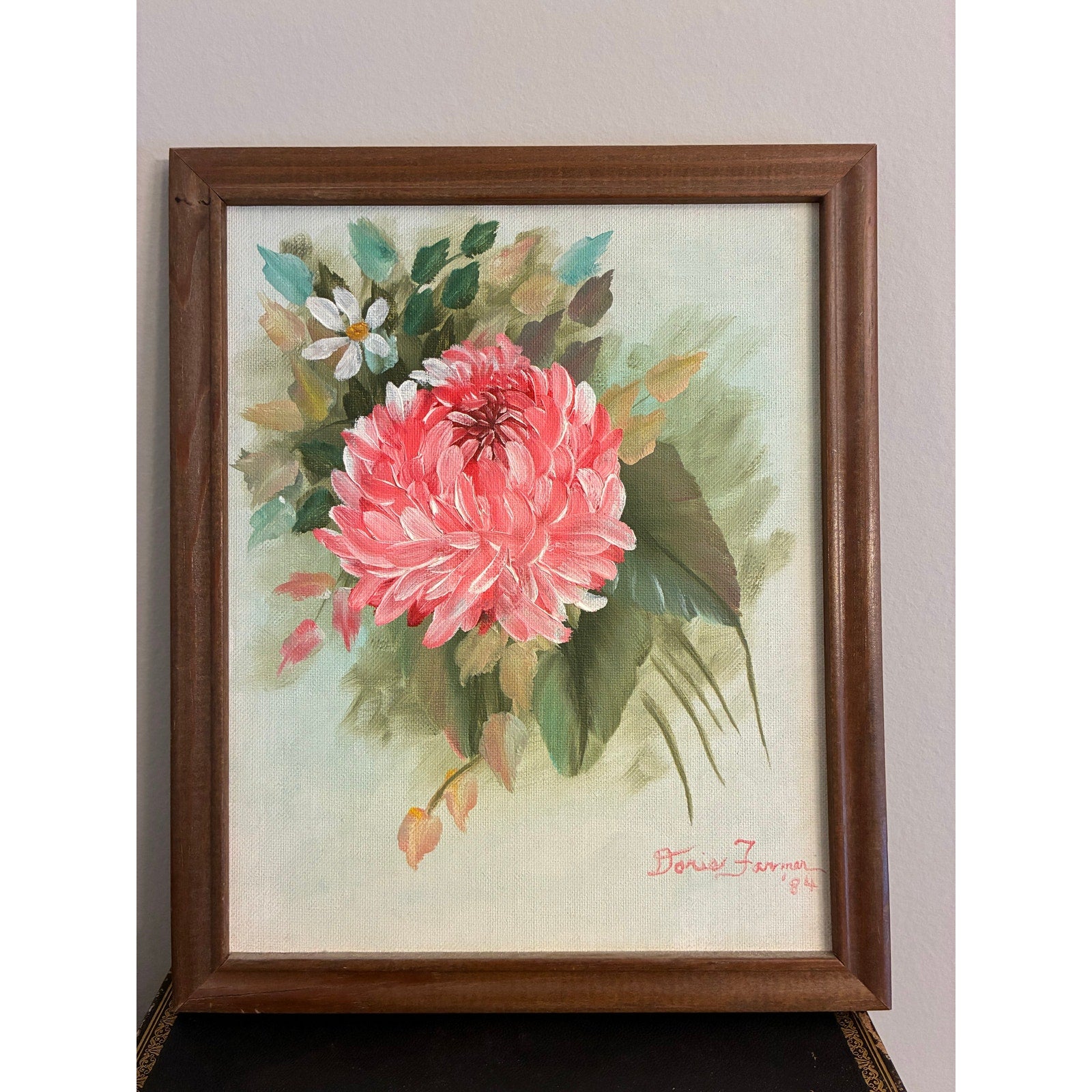 Vintage Signed Floral Acrylic Painting “Pink Mum” by Doris Farmer (1984)