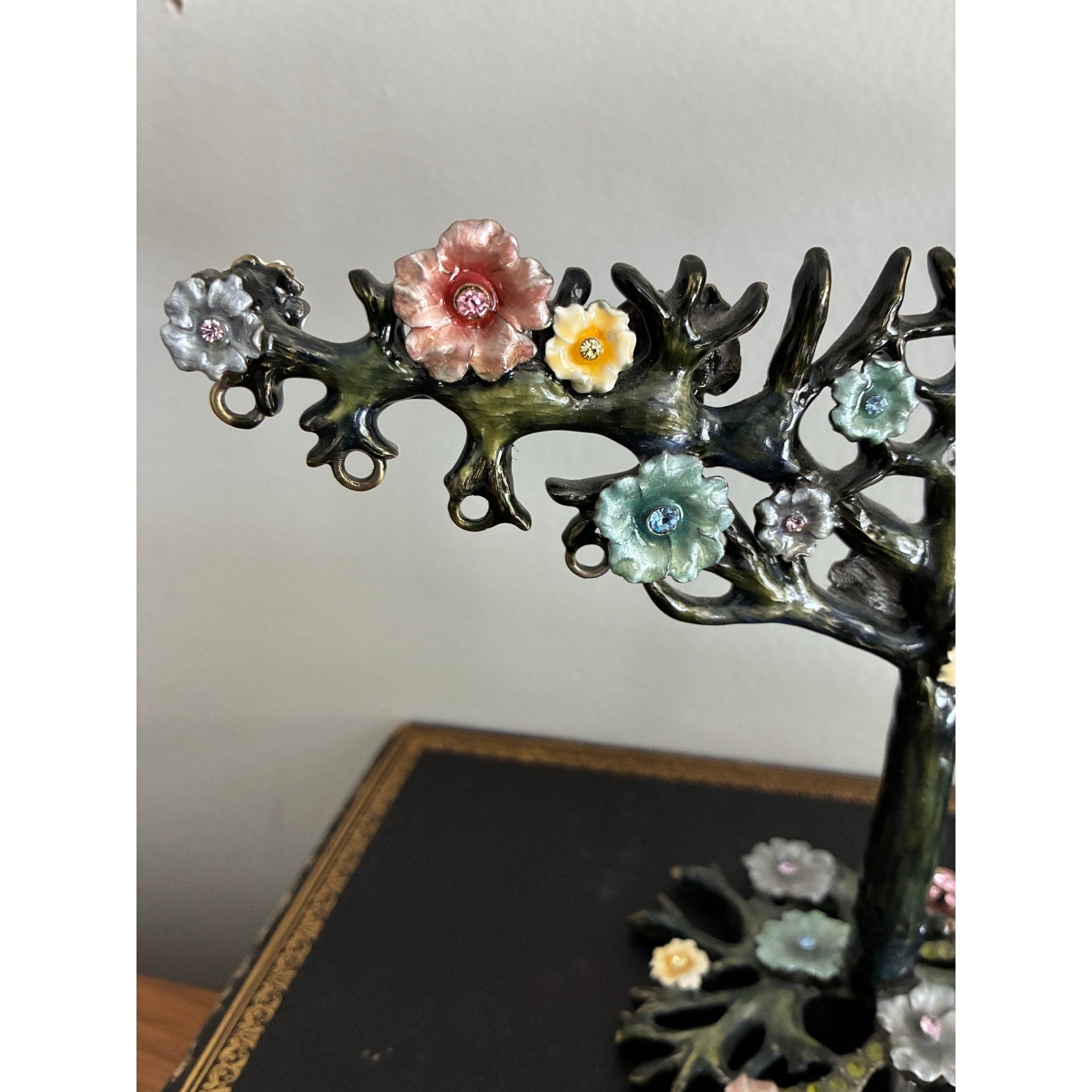 Vintage Colette et Cie Jewelry Display Stand Tree of Life Enamel Floral Earring Holder Austrian Crystal Rhinestone