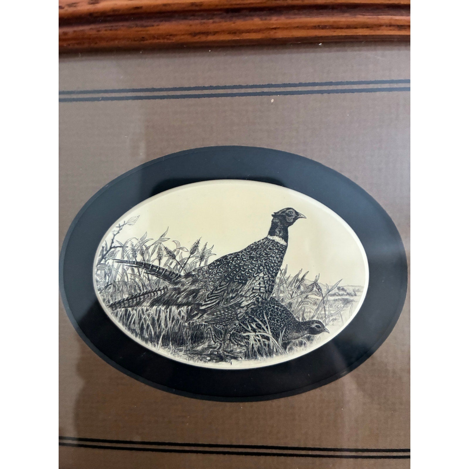 Vintage small Stephen Barlow Scrimshaw Oval Framed Polymer Matted Pheasants | Vintage Wall Art