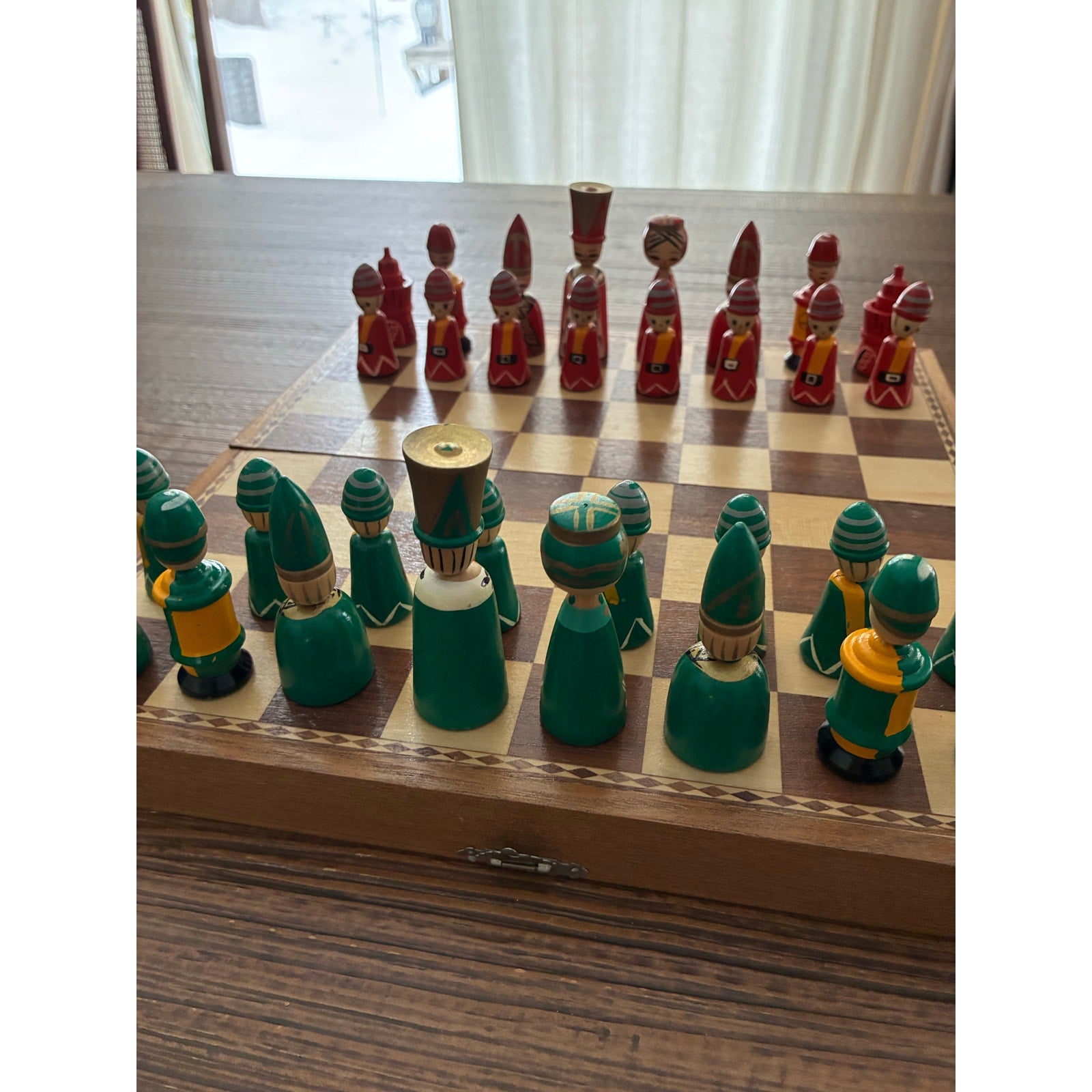 Vintage Hand-Painted Wooden Chess Set – Folk Art Style, Marked Japan, Folding Board