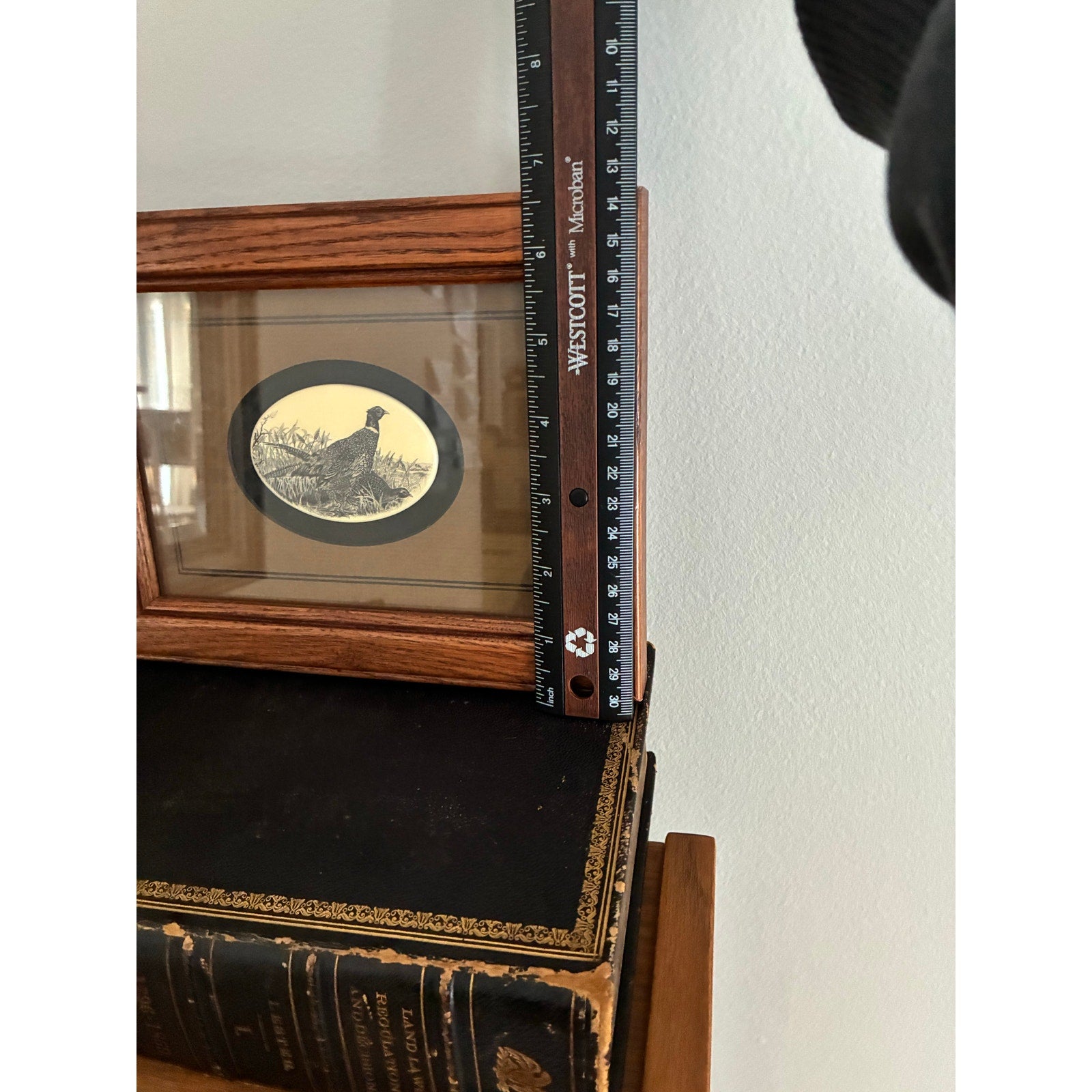 Vintage small Stephen Barlow Scrimshaw Oval Framed Polymer Matted Pheasants | Vintage Wall Art