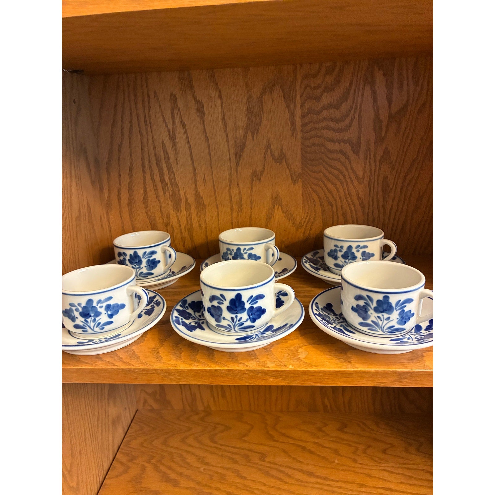 Viana do Castelo Portuguese Hand Painted Signed Cups & Saucers – Blue Floral, Set of 6