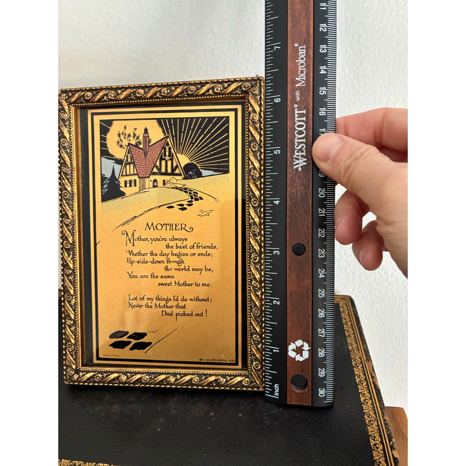 Vintage 1930 Art Deco "Mother" motto print with golden ornate frame