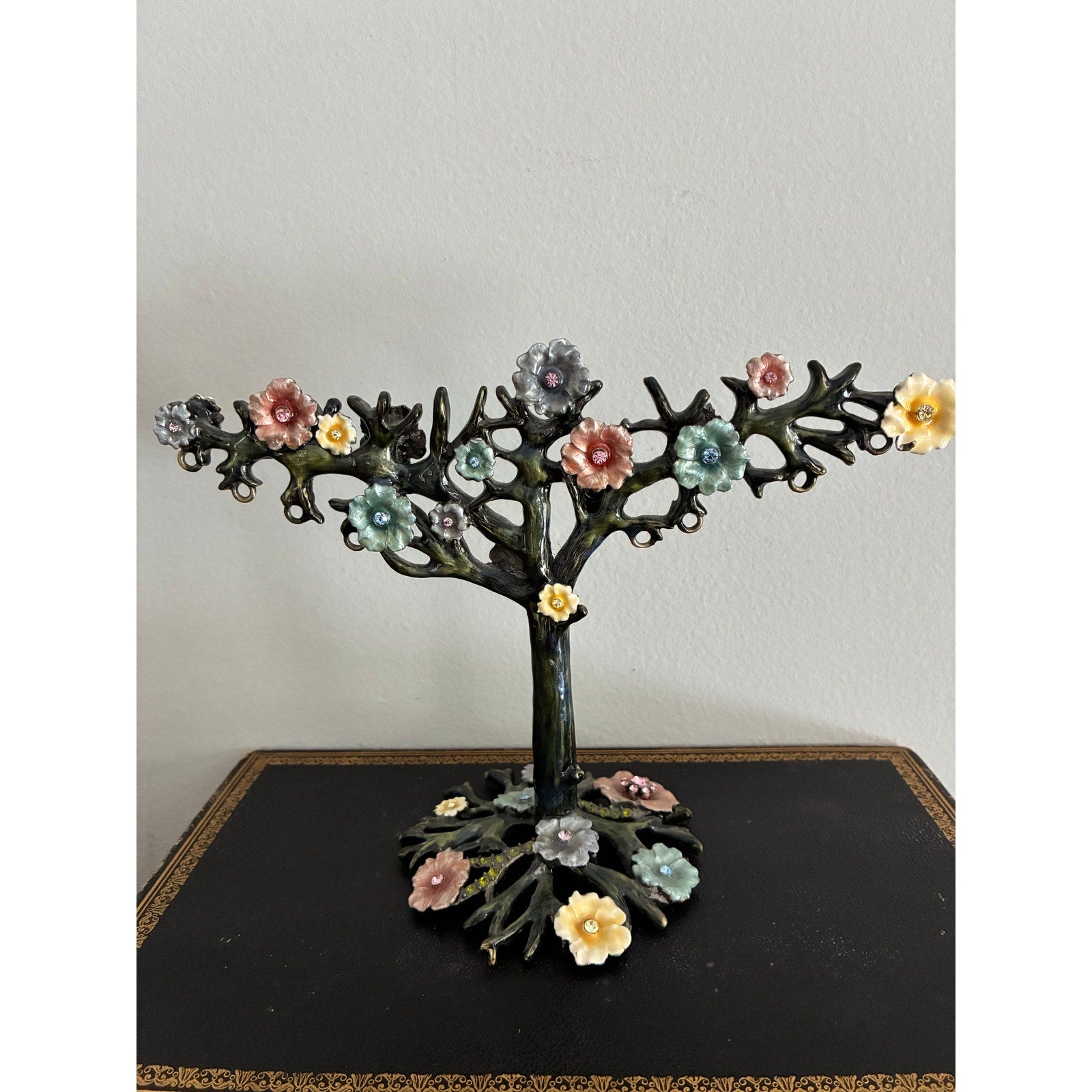 Vintage Colette et Cie Jewelry Display Stand Tree of Life Enamel Floral Earring Holder Austrian Crystal Rhinestone
