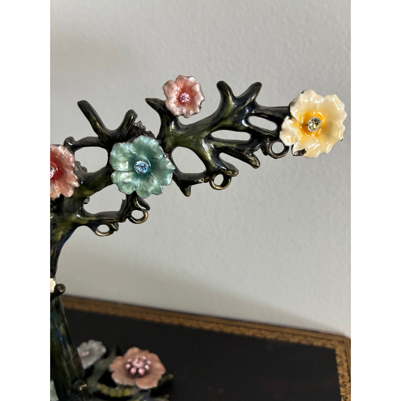 Vintage Colette et Cie Jewelry Display Stand Tree of Life Enamel Floral Earring Holder Austrian Crystal Rhinestone
