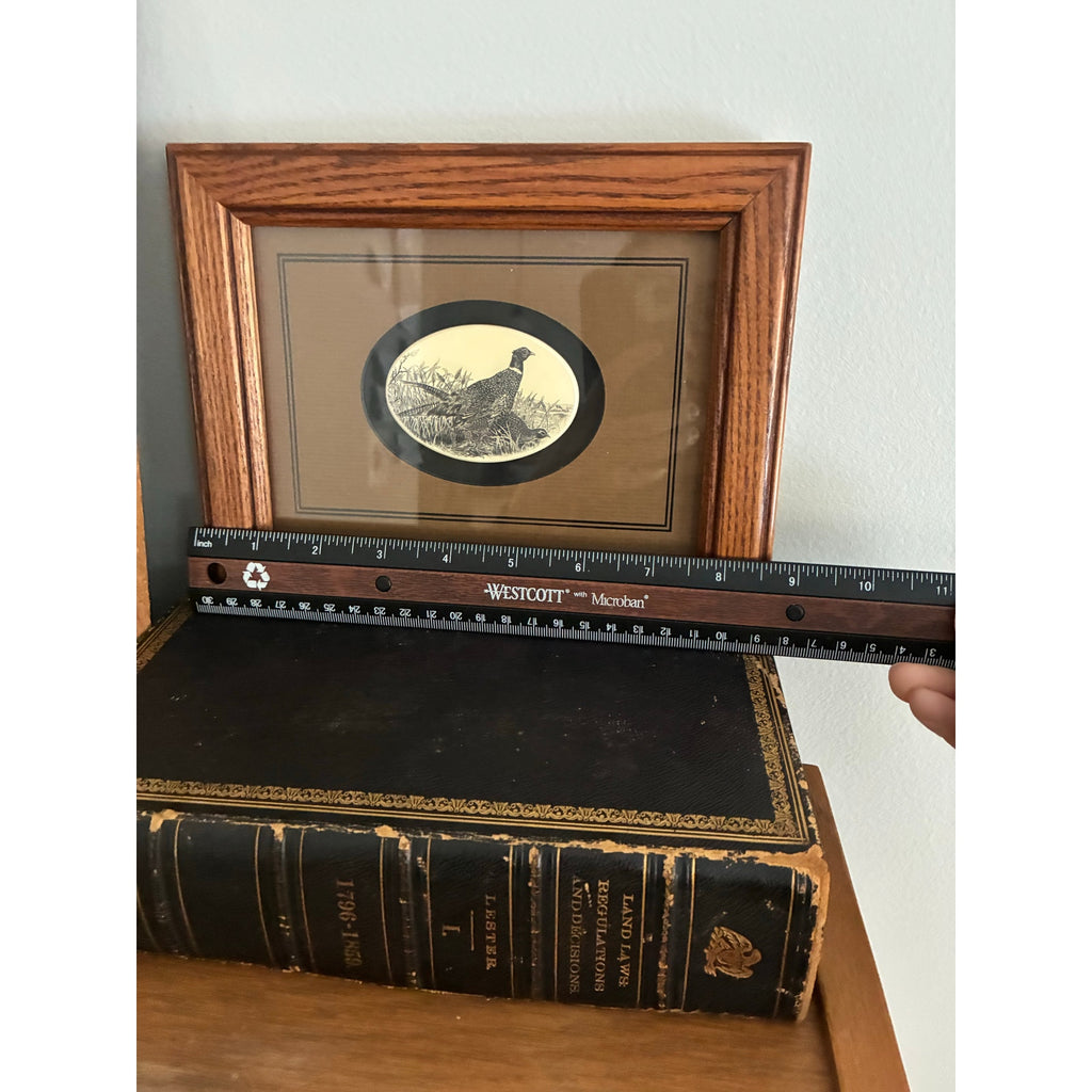 Vintage small Stephen Barlow Scrimshaw Oval Framed Polymer Matted Pheasants | Vintage Wall Art