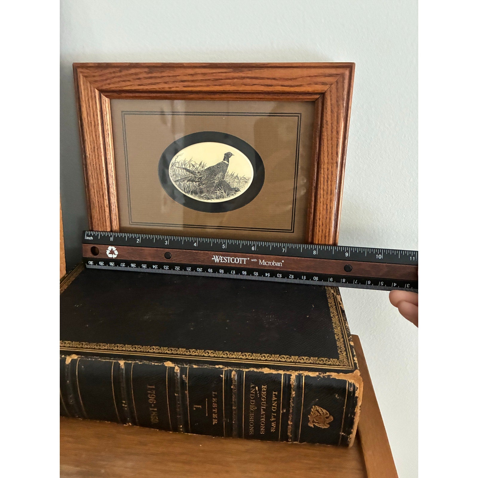 Vintage small Stephen Barlow Scrimshaw Oval Framed Polymer Matted Pheasants | Vintage Wall Art