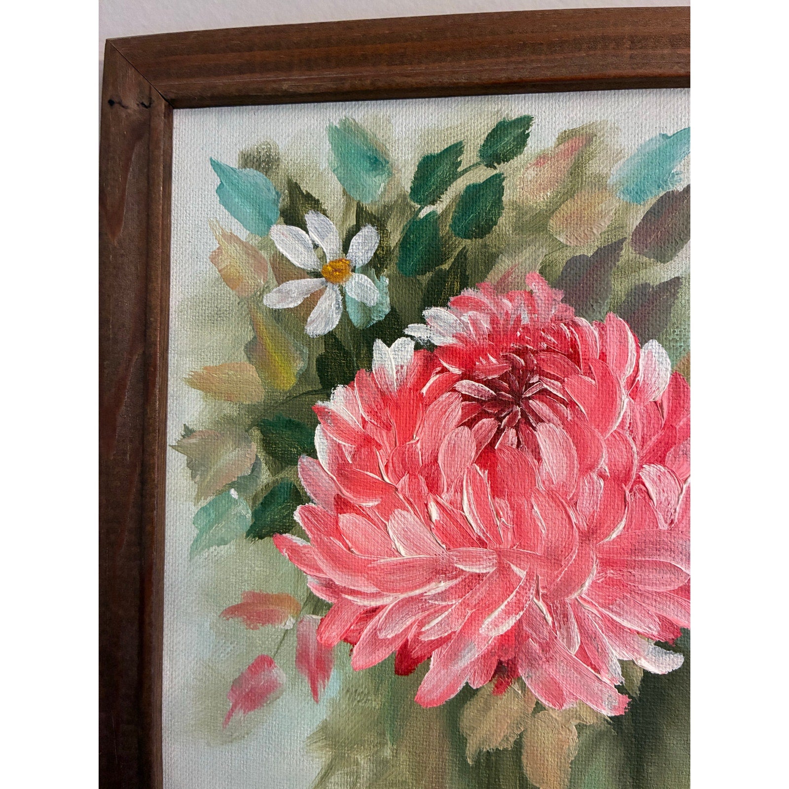 Vintage Signed Floral Acrylic Painting “Pink Mum” by Doris Farmer (1984)