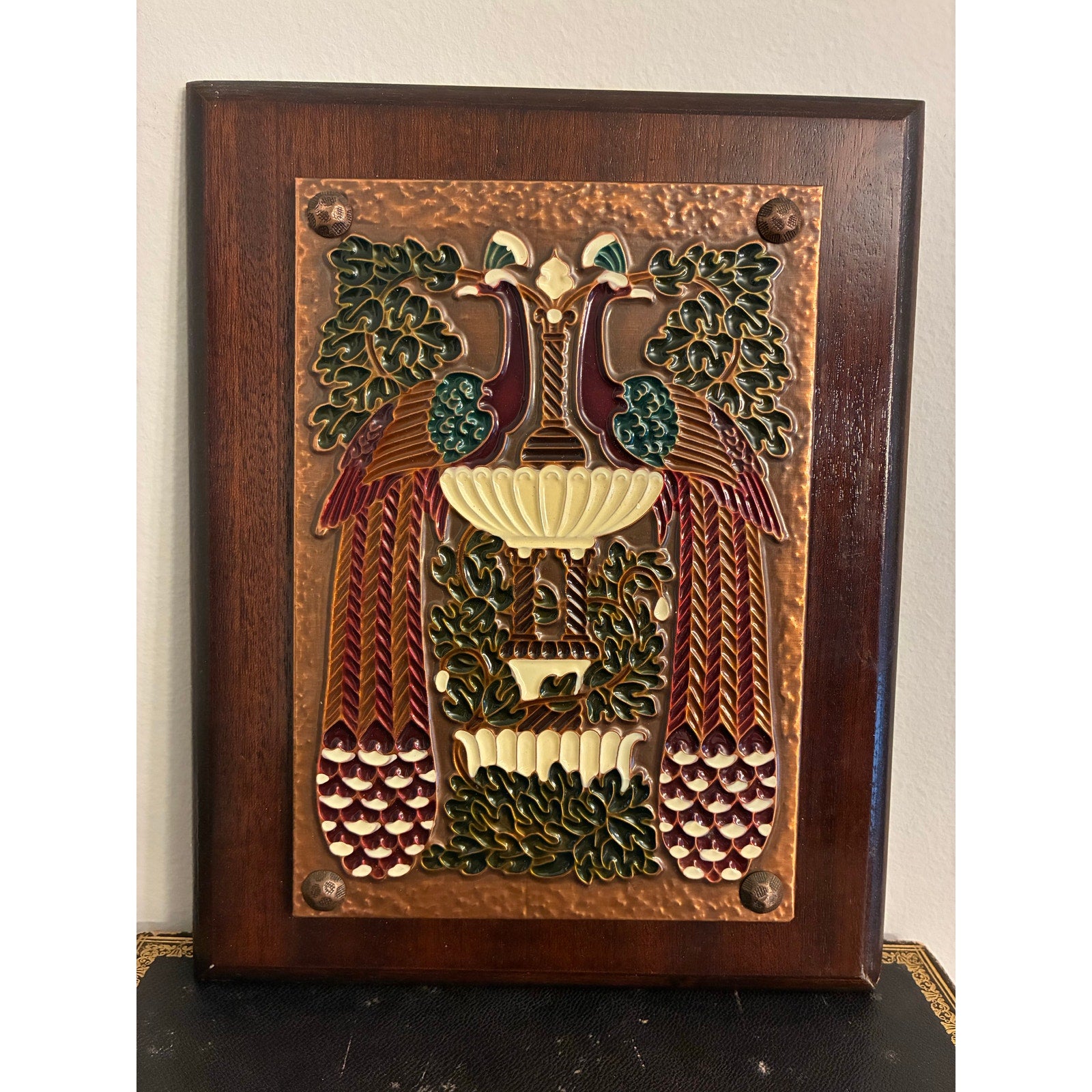 Vintage AETHRA Greek Copper Wall Plaque with Ceramic Relief