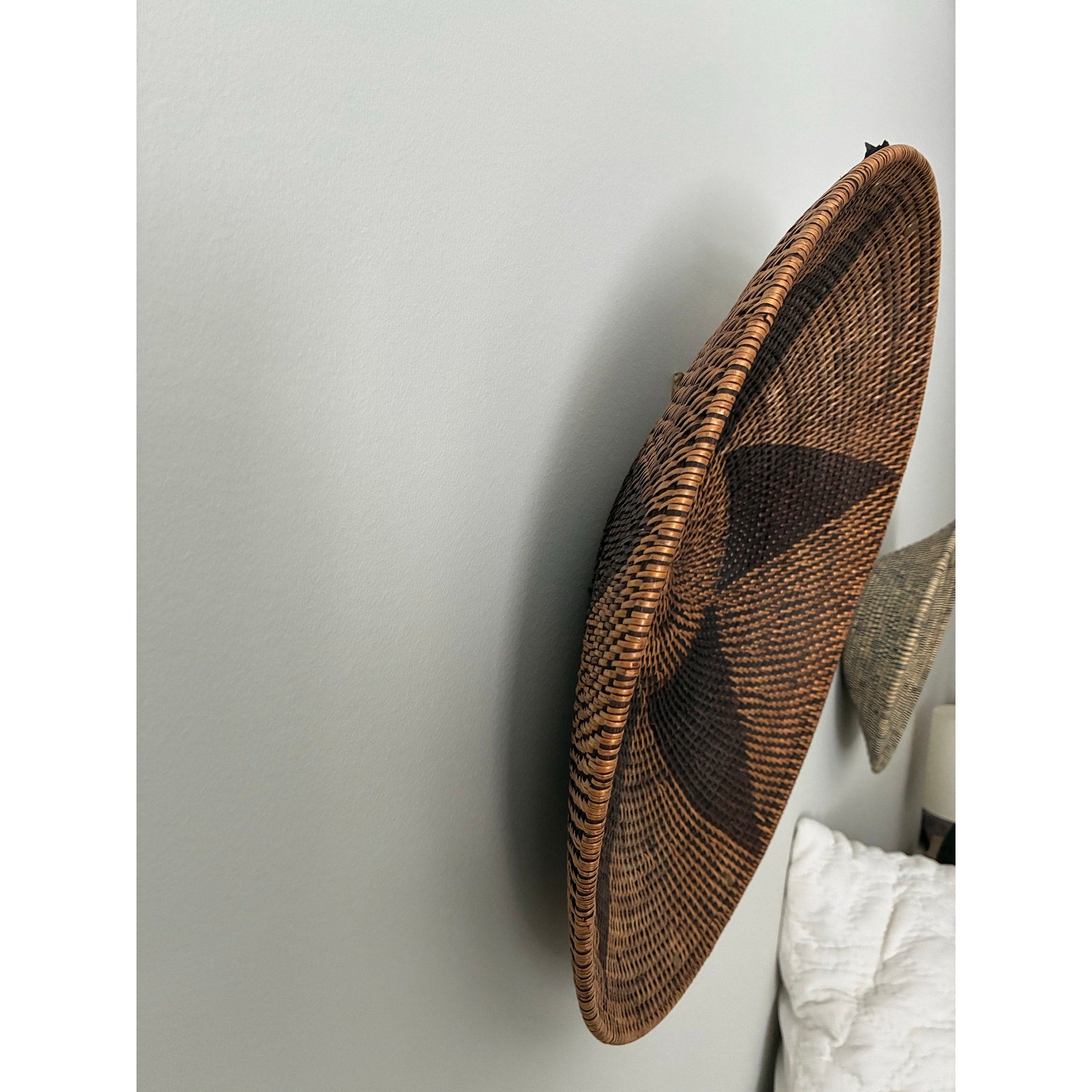 Vintage Round Woven Bowl with Handles Bohemian Tray Natural Boho Decor 19”