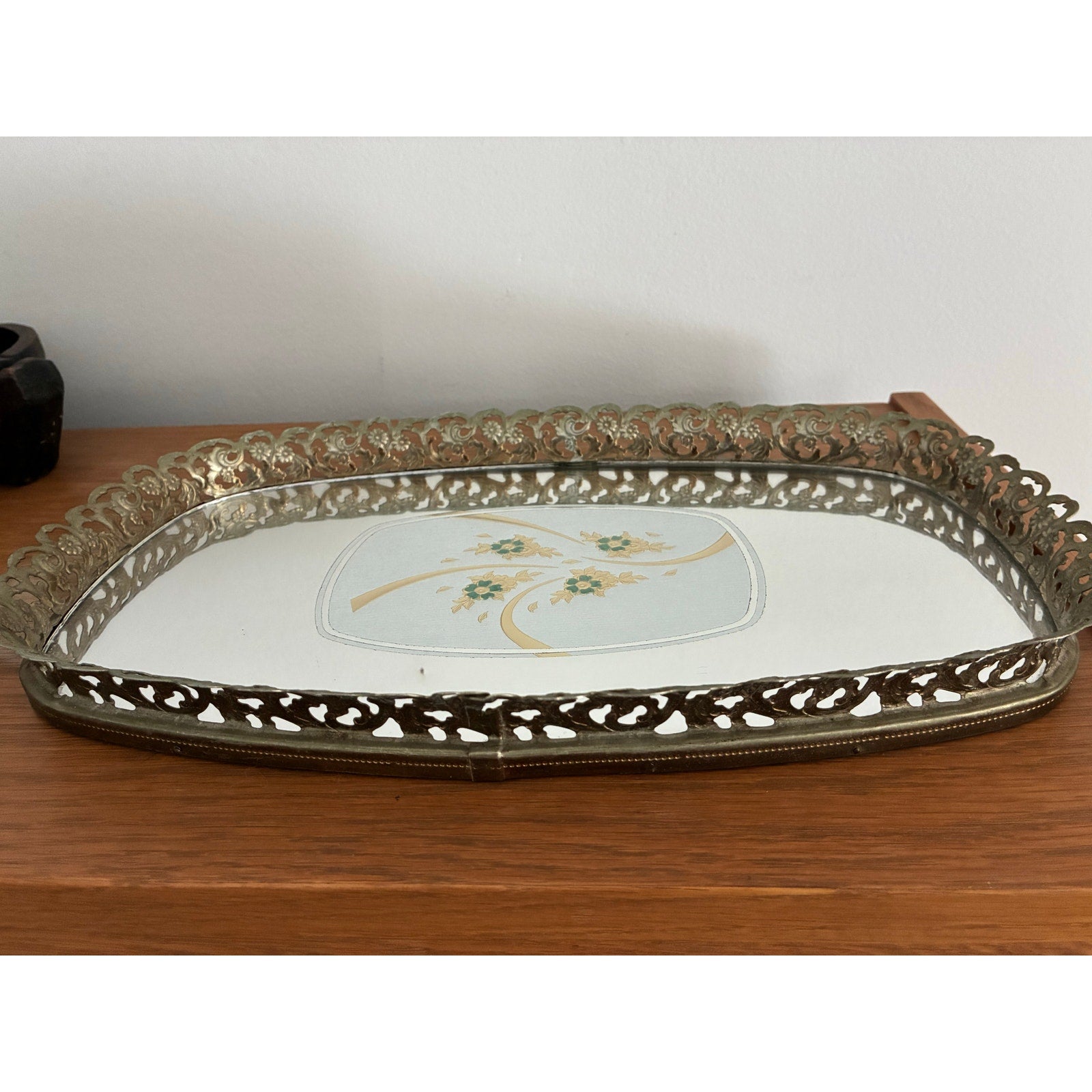 Vintage Oval Brass Gold Tone Filigree Mirror Vanity Tray Floral Perfume Ornate