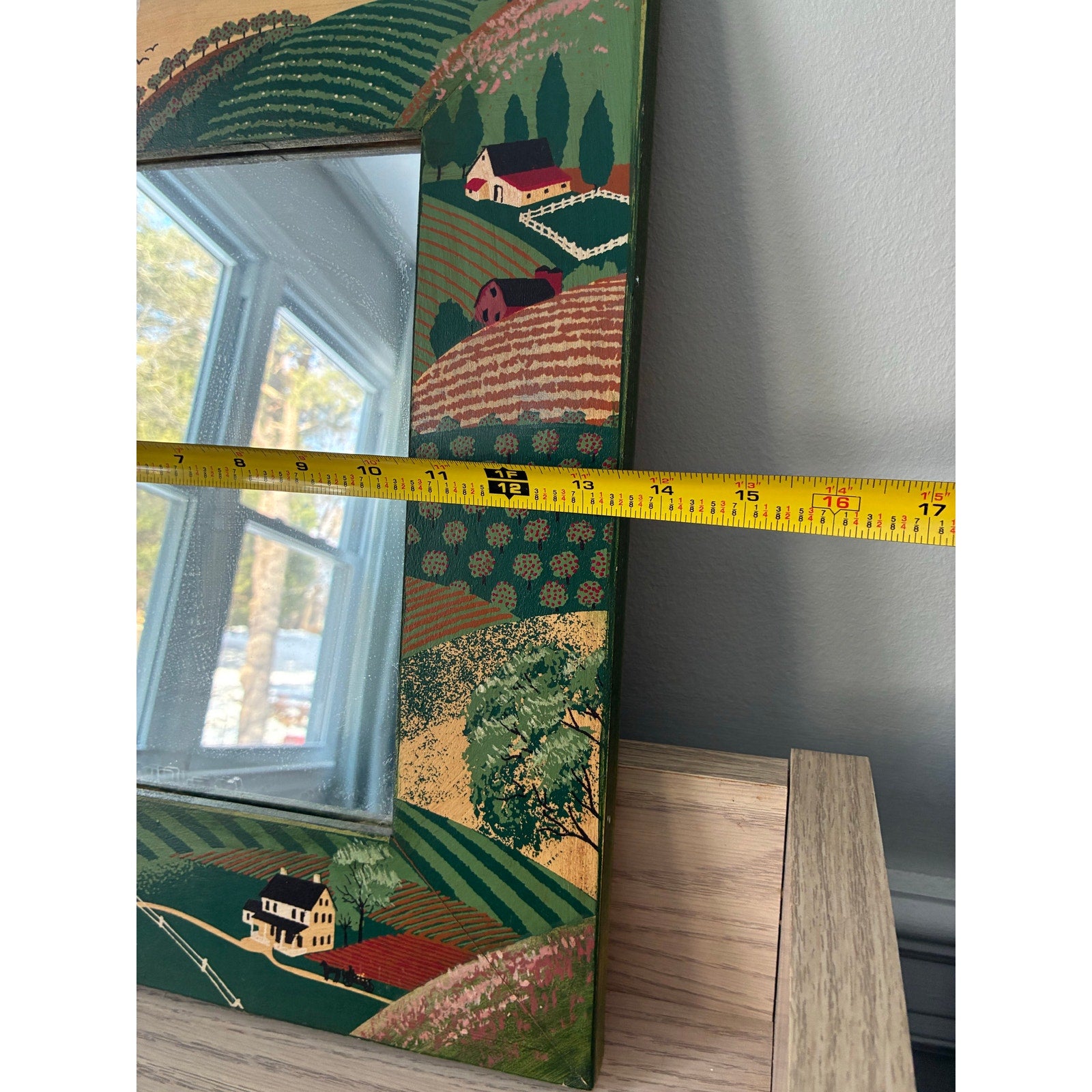 Vintage Handpainted Wood Framed Mirror - Amish Country Folk Art - Signed Huntington